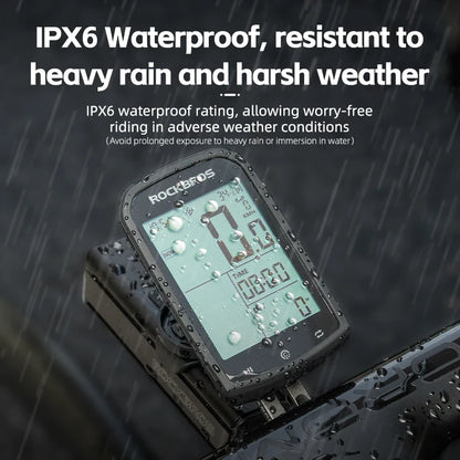 RockBros bike computer with IPX6 waterproof rating in a rain simulation