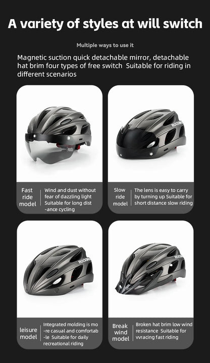 Black bicycle helmet with magnetic suction quick detachable mirror and detachable brim on a white background.