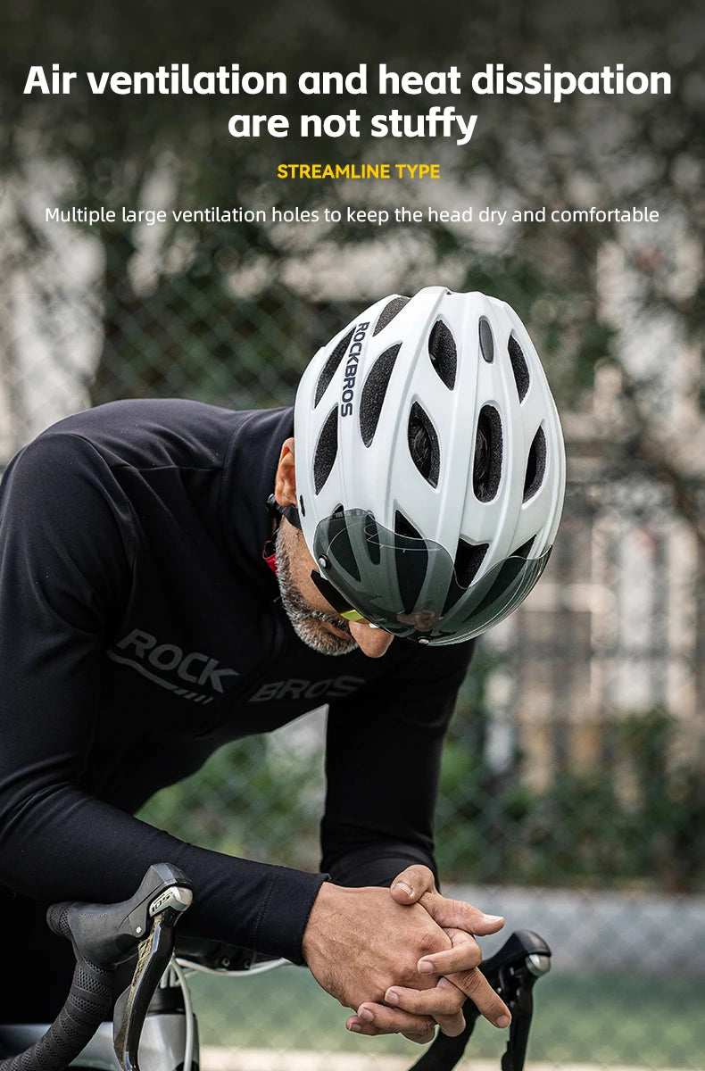 Person wearing a white bicycle helmet with text about air ventilation and heat dissipation.