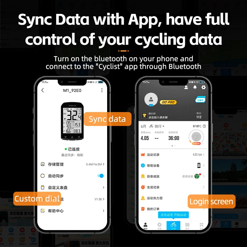Two smartphone screens showing cycling data app with text about syncing data and control over cycling metrics.