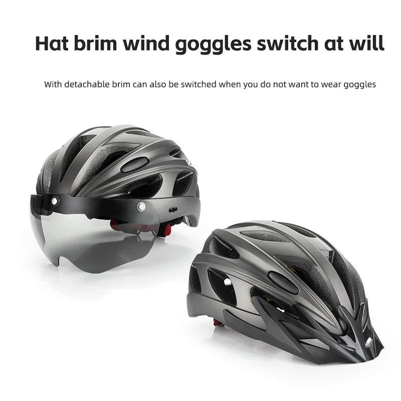 Two bicycle helmets with detachable visors on a white background