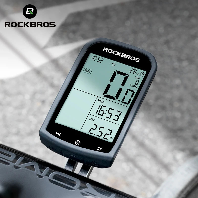 Rockbros bicycle computer on a bike with a blurred background