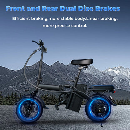Electric scooter with blue wheels on a mountainous background, featuring text about brakes.