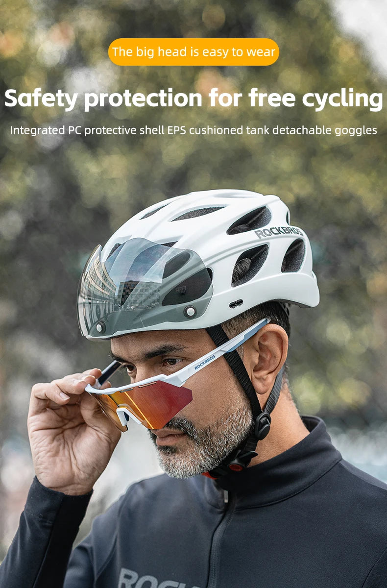 Person wearing a white bicycle helmet and sunglasses with a blurred natural background