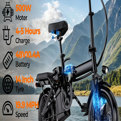 Electric bicycle with specifications displayed against a scenic background